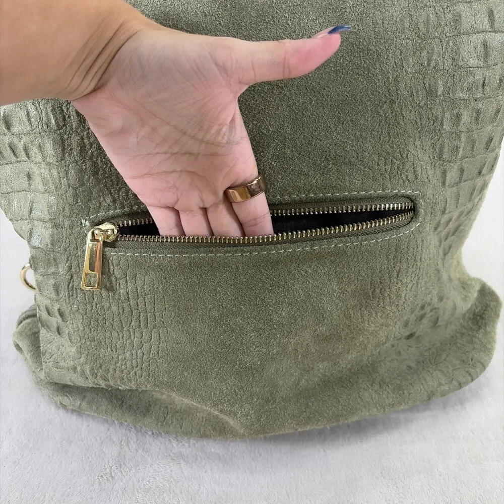 Borse In Pelle Made In Italy Genuine Leather Slouchy Shopper Shoulder Bag Green